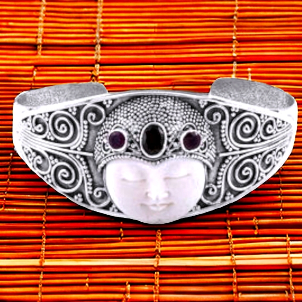 🔥925 Sterling Silver & Garnet Balinese Cuff Bracelet 1 80 ctw*